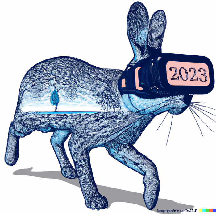 Un lapin d'eau porte marche en portant des lunettes de Réalité Virtuelle